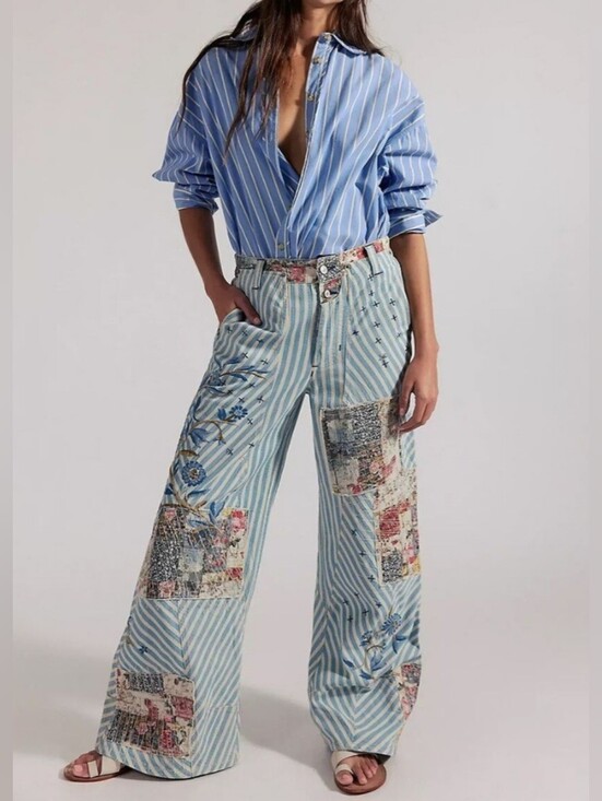 Free People Denim - New Free People Wide Leg Lightweight Railroad Stripe Cotton Fabric Pants. Jeans